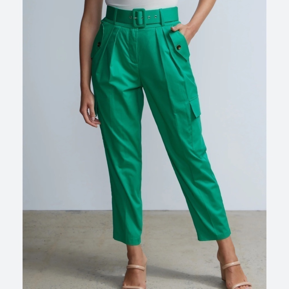 New York & Company Green Belted Cargo High Rise Pleated Cropped Pants